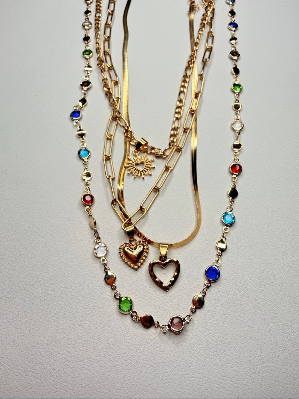 Gold Layered Heart & Sun Necklace with Multicolor Stones - Picture 8 of 10
